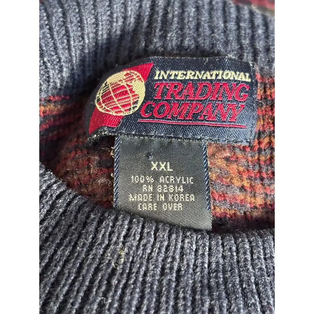 Vintage 90s Navy Blue Burgundy Fair Isle Knit Crewneck Sweater Mens XXL Cozy